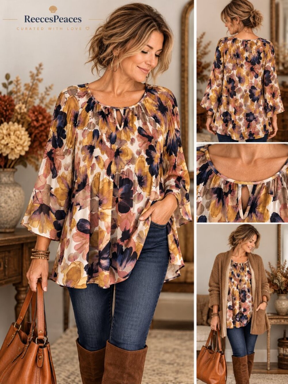 Spense Floral Crinkle Tunic Blouse 3/4 Bell Sleeve Size L